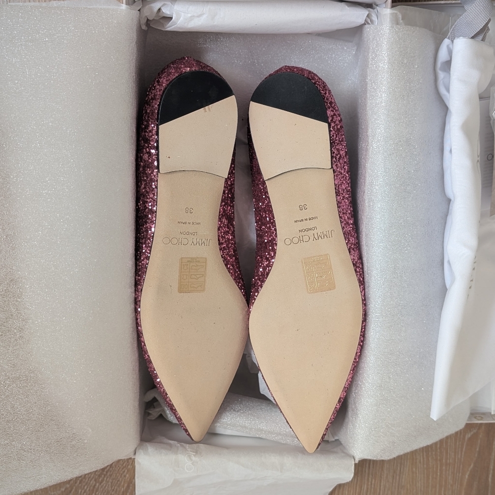 NIB Jimmy Choo Alina Pink Glitter Pointed Toe Flats - Picture 3 of 8